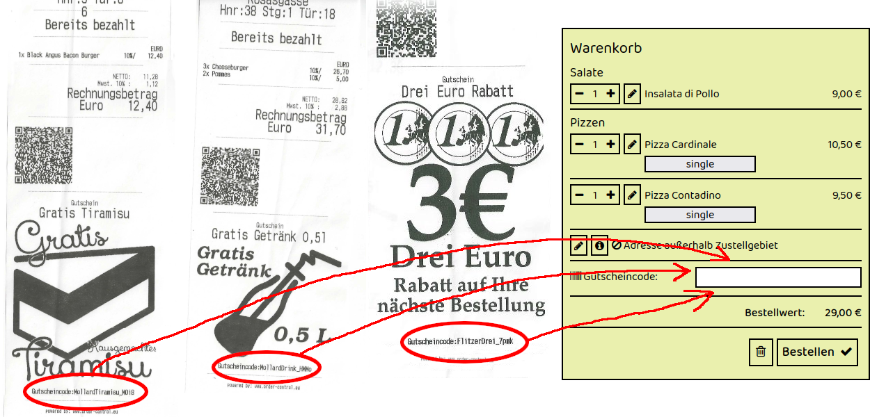 Beispiel für Gutscheincodes auf Rechnungszetteln von Goldene Schwalbe in Graz Lager Gasse 67 – drei Rechnungen mit individuellen Gutscheincodes, die im Online-Warenkorb des Restaurants eingegeben werden können.